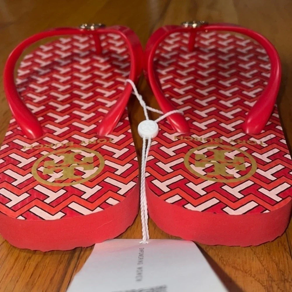Tory Burch Classic T Zig Zag Chevron Preppy Herringbone Thong Flip Flop Sandals